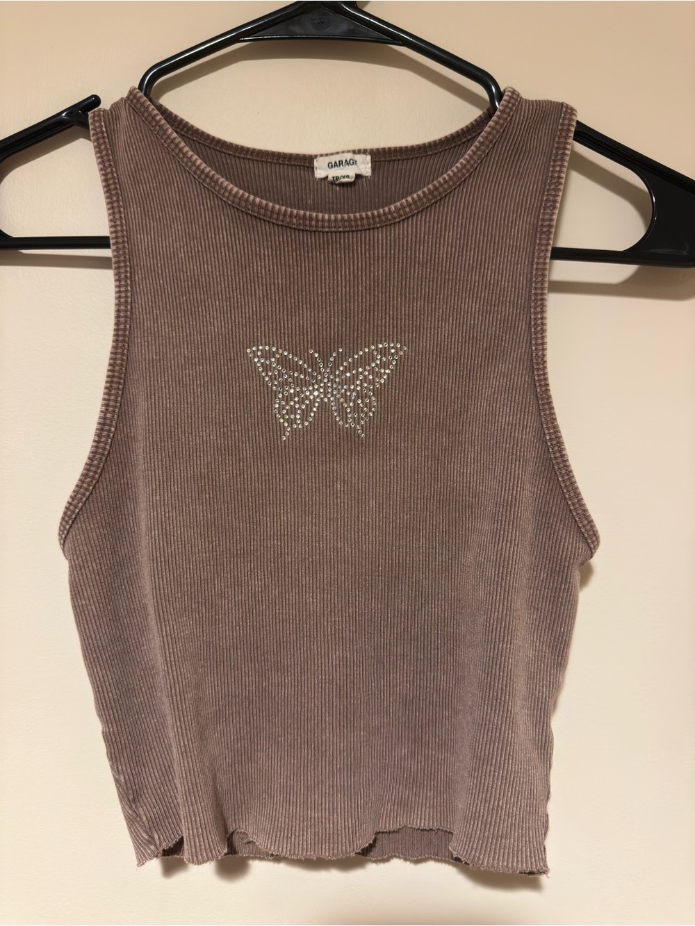 Garage Ribbed Tank Top with Rhinestone Butterfly
